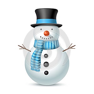 Christmas snowman with top hat and striped scarf isolated on white background. Vector illustration