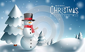 Christmas snowman vector design. Merry christmas greeting text with snowman character and fir tree element in snowy outdoor.