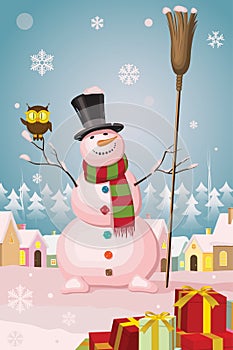 Christmas snowman in winter village landscape