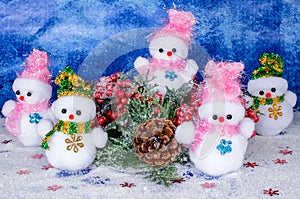 Christmas snowmen, decoration and beautiful toys.