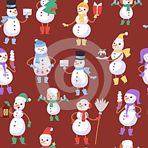 Christmas snowmen seamless vector pattern and vector illustration. Cartoon flat snowman holding latern, garland
