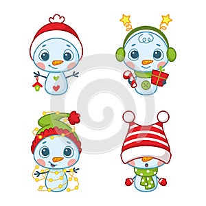 Christmas Snowmen Set Cartoon Vector Illustration