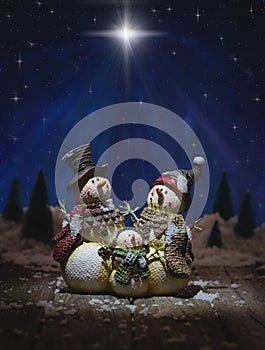 Christmas Snowmen Under Starry Night Sky