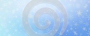 Christmas snowy background. Cold white blue winter sky. Vector ice blizzard on gradient texture with flakes. Festive new