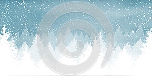 Christmas snowy background with winter landscape with snowflakes, light, stars. Xmas and New Year card. Vector Illustration