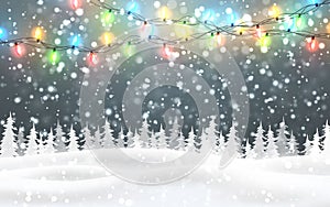 Christmas, snowy night woodland landscape with falling snow, firs, light garland, snowflakes for winter and new year holidays.