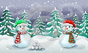 Christmas snowy scene with couple of snowmen in santa hats. Christmas card template or holiday banner. winter forest