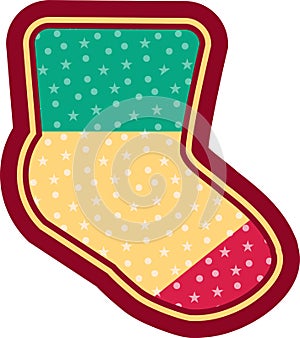 Christmas sock. Christams sticker vector illustration. Green beige pink label with snow pattern