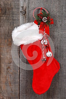 Christmas sock and decoration on wood