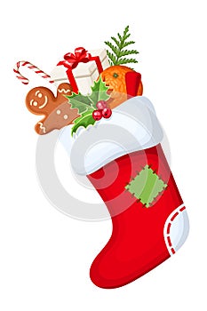 Christmas sock with gifts. Vector illustration.