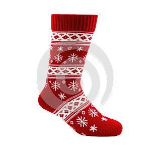 Christmas sock with nordic geometric ornament isolated on white