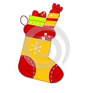 Christmas sock with presents sweet candy and box. New year gift stoking. vector clip art