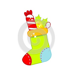 Christmas sock with presents sweet candy and jingle bell. New year gift stoking. vector clip art