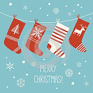 Christmas Socks background. Various Christmas socks hanging on a rope. Christmas card. Cartoon vector hand drawn eps 10