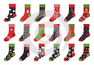 Christmas socks. Cartoon trendy flat clothing element and winter celebration attributes with patterns and ornaments