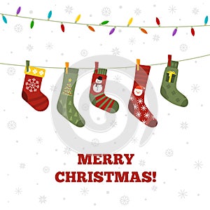 Christmas socks. Festive sock on rope, winter warm accessories. Xmas and new year party banner, seasonal holiday recent