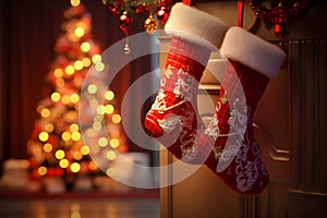 Christmas socks, fireplace background, christmas toys,