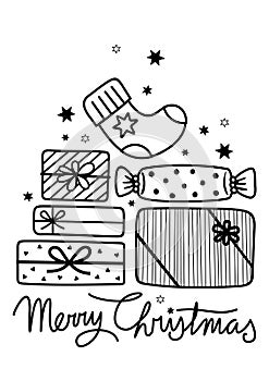 Christmas socks gifts presents winter holiday new year decorated boxes and packages black white celebration card with wishes