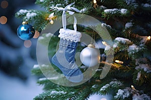 Christmas socks hanging on the Christmas tree with lights in the background. Winter holidays concept. Generative AI