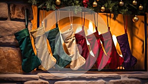 Christmas socks hanging in front of the fireplace. Christmas and New Year concept