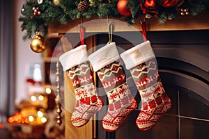 Christmas socks are hanging near the front door