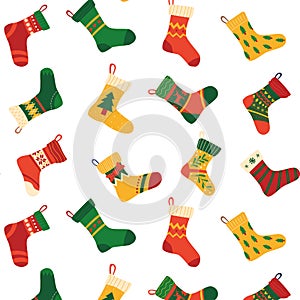 Christmas socks pattern. Seamless background with contemporary doodle celebration stocking for New Years presents