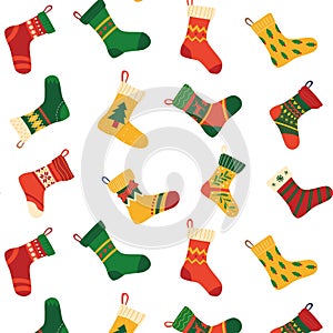 Christmas socks pattern. Seamless background with contemporary doodle celebration stocking for New Years presents. Winter texture