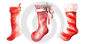 Christmas socks set. Holiday Santa Claus winter socks for gifts. Watercolor illustration