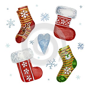 Christmas socks set isolated on white background, knitted sock hand drawn in watercolor