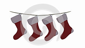 Christmas socks on a string on white background