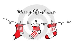 Christmas socks vector hand drawn sketch, color illustration for xmas. One continuous line art drawing, background