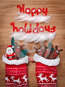 Christmas Socks. Xmas snow Decoration, Santa and deers. toys