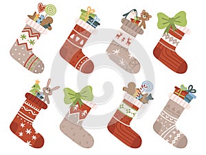 Christmas socks. Xmas stocking or sock with snowflakes, snowman and Santa. Deer and Santas helpers elves on stockings