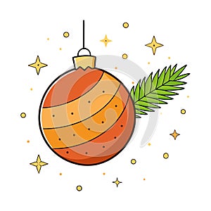 Christmas sparkle background with golden bokeh and christmas toys ball and fir tree btanch photo