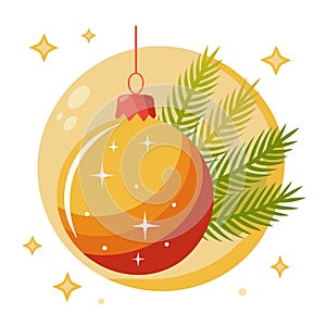 Christmas sparkle background with golden bokeh and christmas toys ball and fir tree btanch photo
