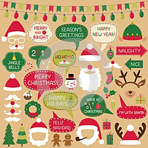 Christmas speech bubbles, Santa Claus hats and decoration, photo booth props