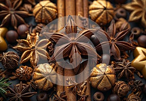 Christmas spices and anise stars on dark background