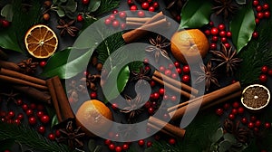 Christmas spices, fruit pieces, baubles, seeds and leaves abstract background.