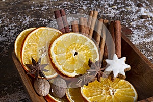 Christmas spices, nuts, dried oranges