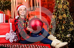 Christmas spirit. Decor shop. Favorite color. Christmas concept. Child fancy santa enjoy celebration new year. Red style