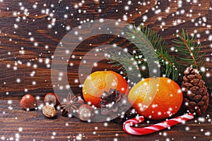 Christmas spirit: nuts, tangerines, Christmas tree