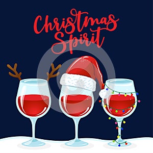 Christmas Spirit - Three wine glass, Wine in Santa hat, Christmas light, reindeer antlers.