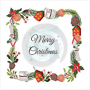 Christmas square border with winter decorations for happy holidays.