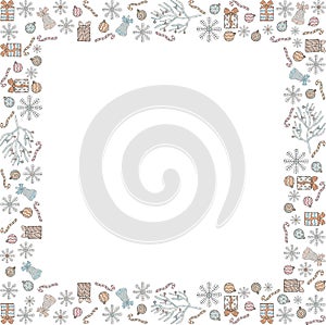 Christmas and Christmas square frame made of doodles. Snowflakes, gifts, bells, candy canes, Christmas balls, Christmas tree branc