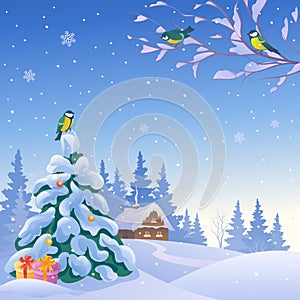 Christmas square landscape with birds