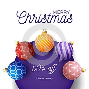 Christmas square promo banner. Holiday vector illustration with realistic ornate colorful Christmas balls on purple circle and