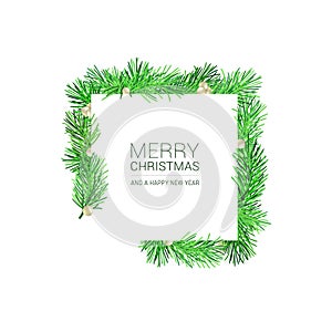 A christmas square shaped layout background with fir branches.