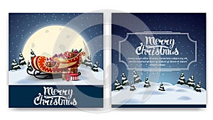 Christmas square two-sided postcard with cartoon winter landscape, big yellow moon and Santa Sleigh with presents