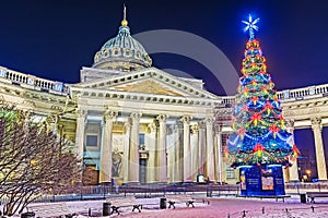 Christmas in St. Petersburg. Kazan Cathedral in spb.napis in Russian: with the New Year and Christmas Christ photo