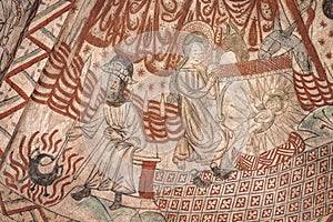 Christmas in the stable with Joseph, Mary and the newborn boychild, an ancient fresco